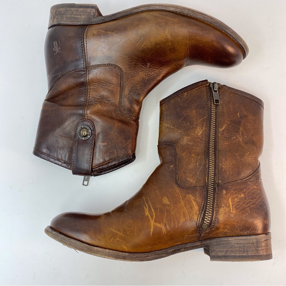 FRYE Melissa Women's 7.5 B Brown Genuine Leather Ankle Boots Cowgirl Zip Up - Picture 9 of 16